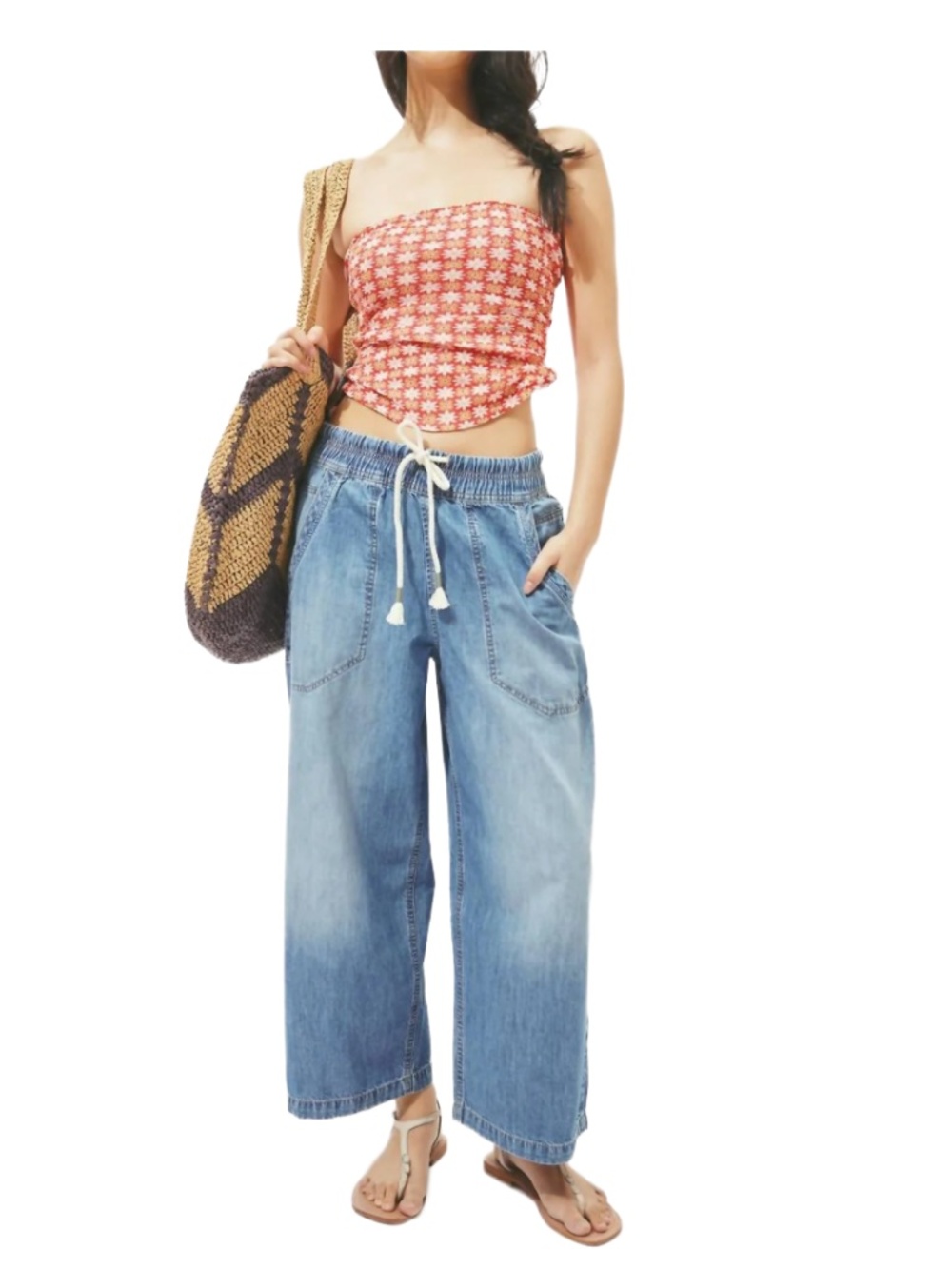 We The Free Easy Peasy Pull On Lighter Blue Wide-Leg Drawstring Jeans XS